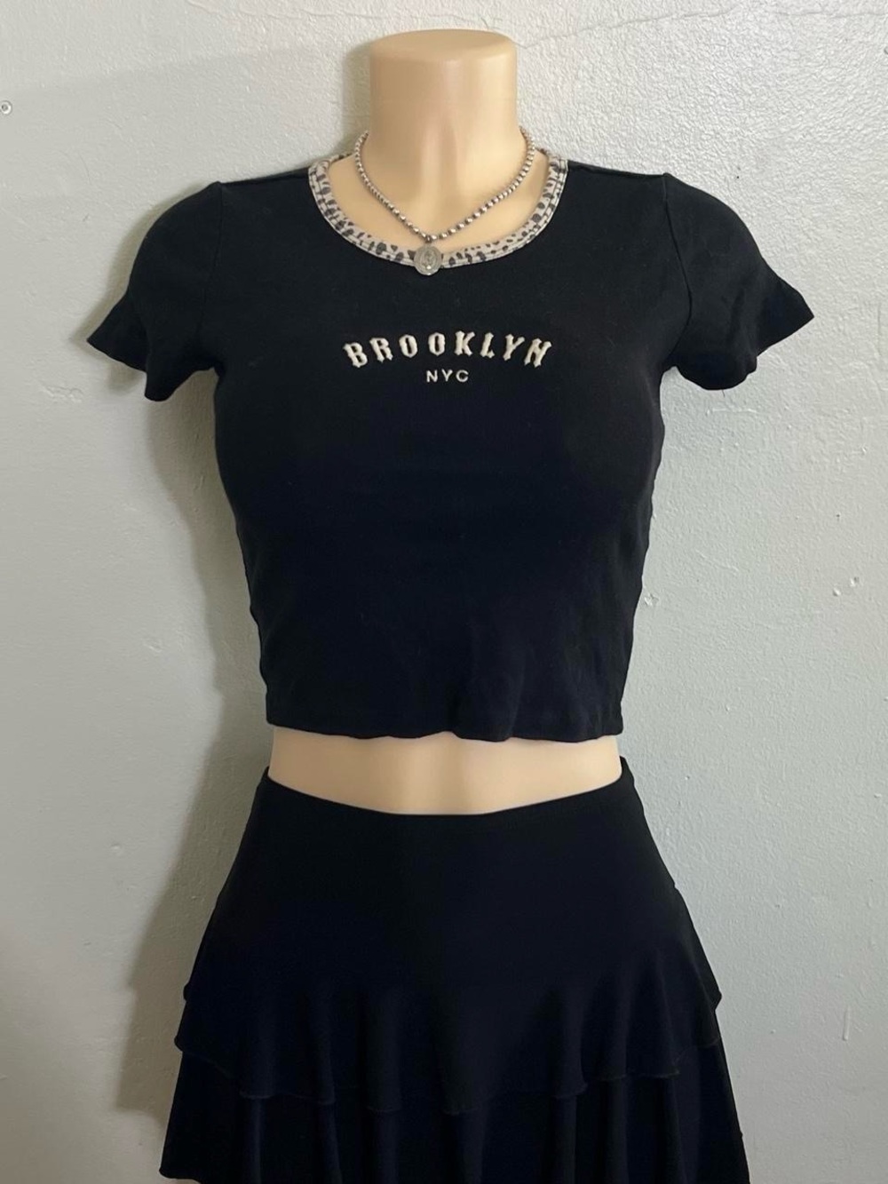Brandy Melville Black 'Brooklyn NYC' Crop Tee with Leopard Trim